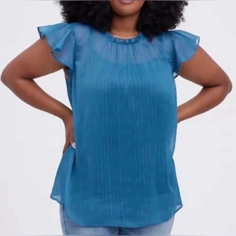 NWT TORRID Mock Neck Sleeveless Tank Crinkle Chiffon Blue w/ Lurex Stripes 3